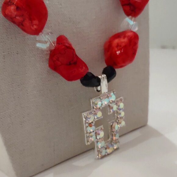 Vintage AB Cross Chunky Red Howlite Beaded Necklace with Crystal & Glass - Picture 7 of 7